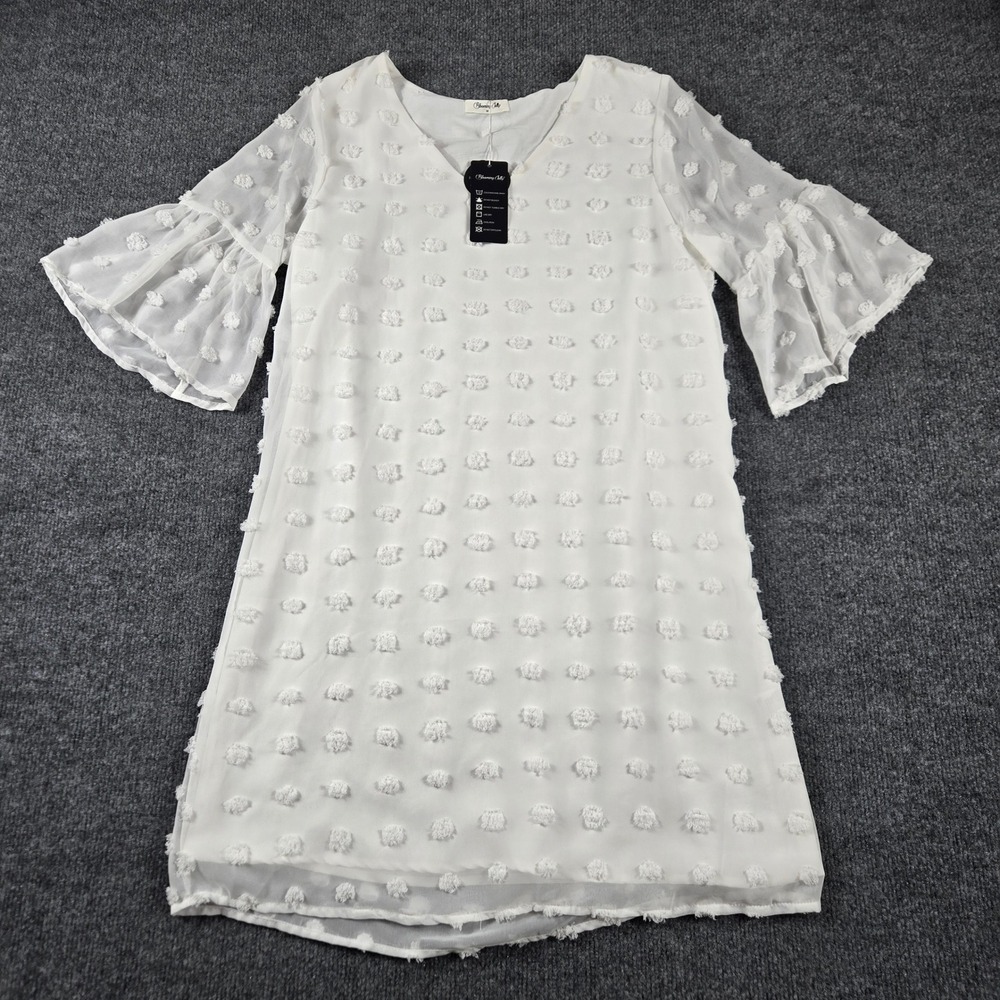 Blooming Jelly Dress Womens Medium White NWT Swiss Dot Ruffle Bell Sleeve Shift